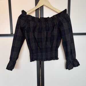 NUDE Clothing Cropped Top Blouse Women’s LARGE Plaid Dark Academia Preppy